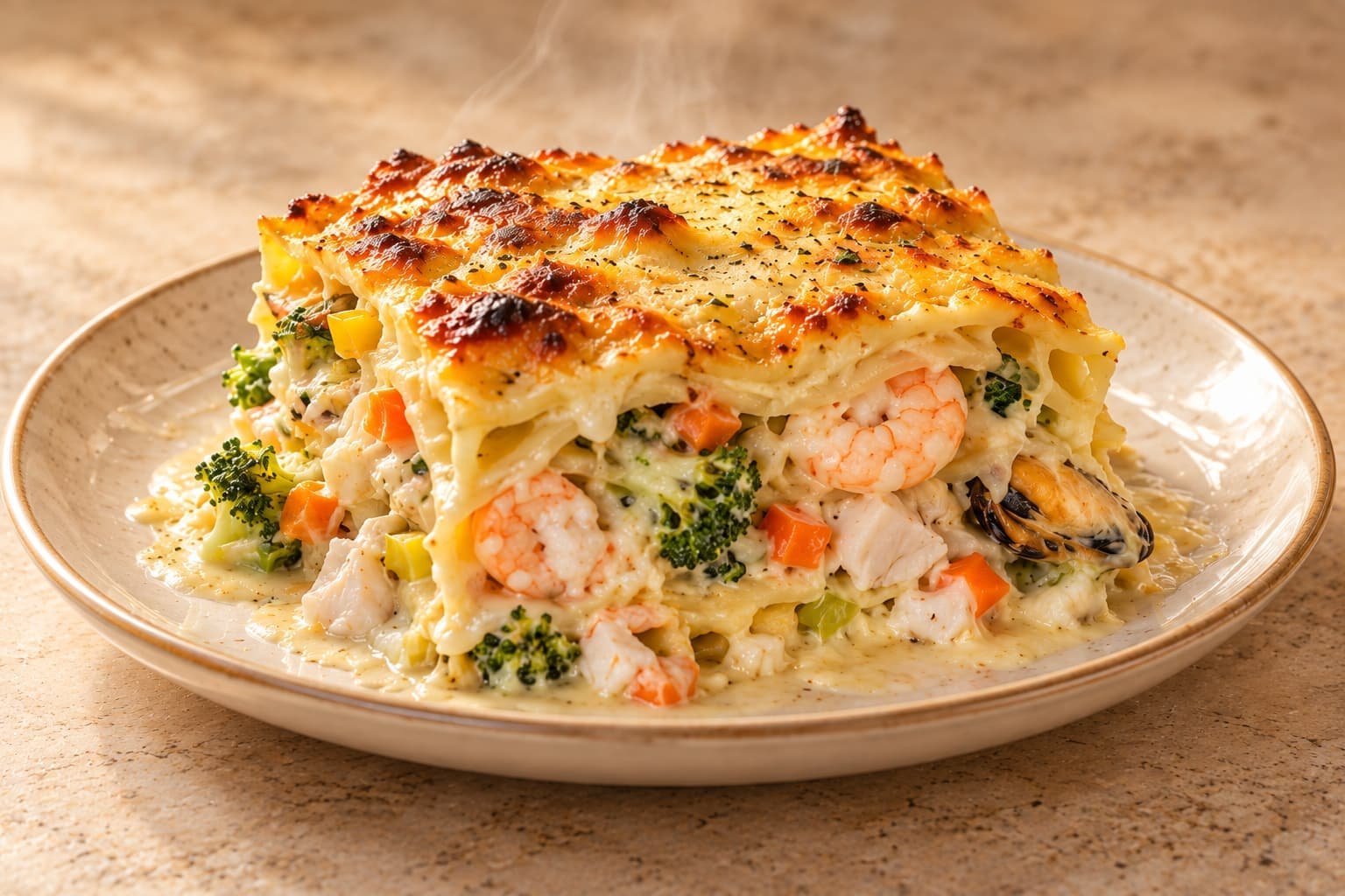 Lasagne de la mer sur assiette crème