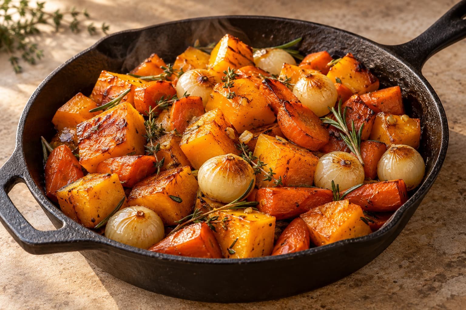 Poêlée automnale de butternut, carottes et oignons