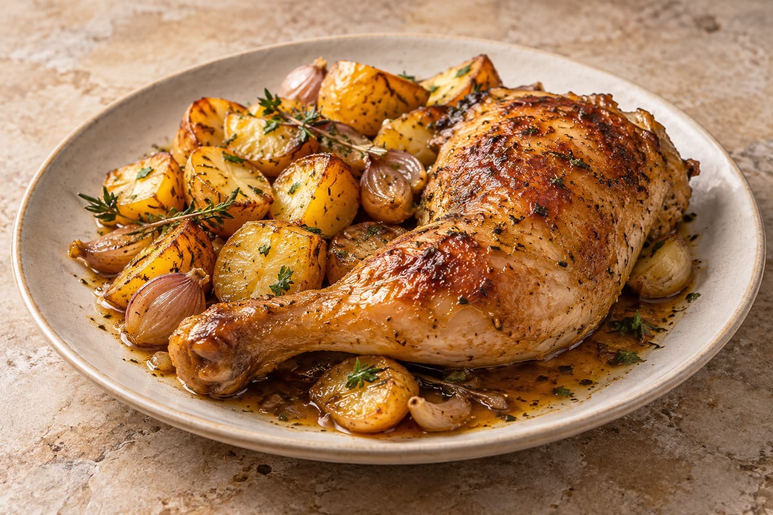 Poulet rôti, pommes de terre dorées